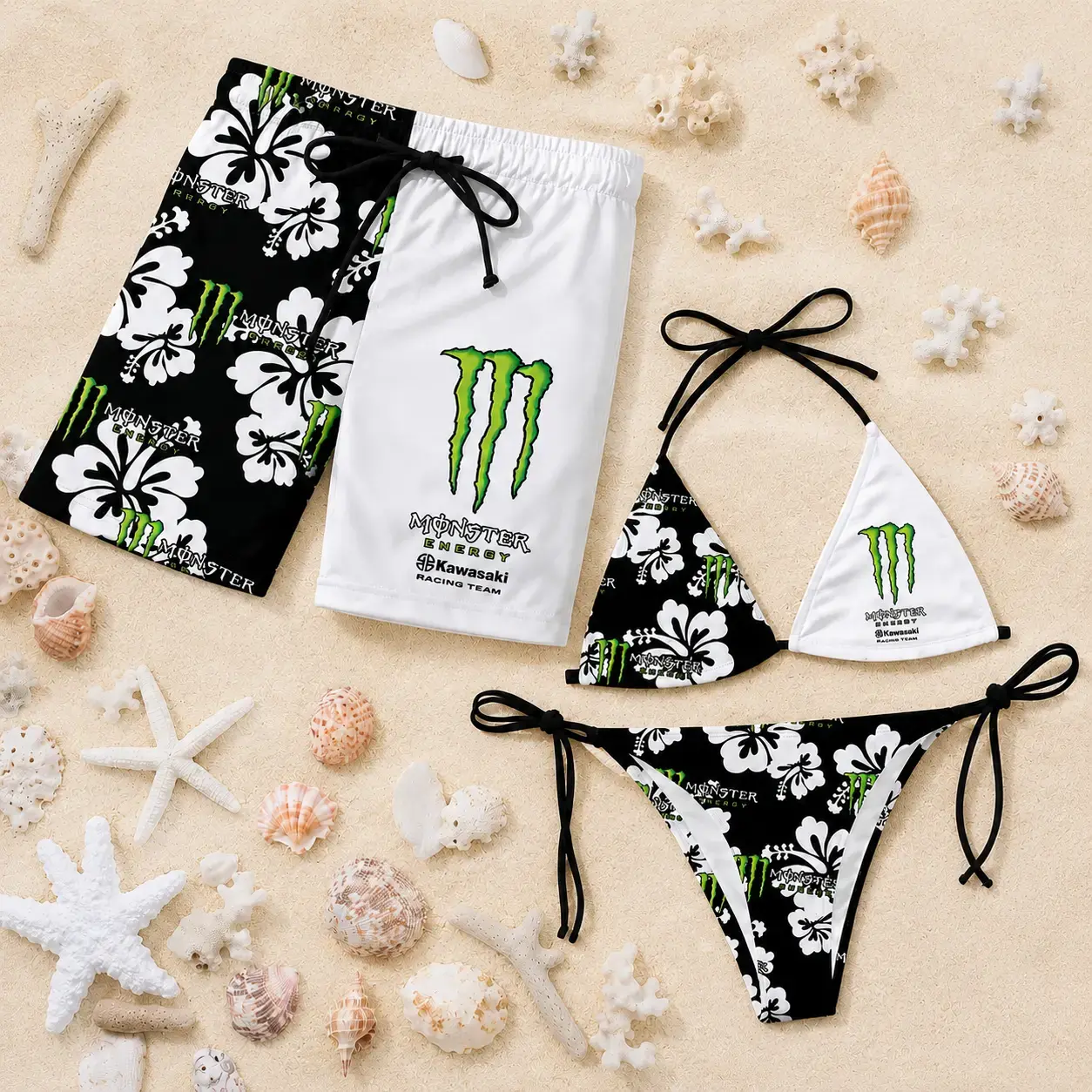 Matching Monster Floral Swimsuits for Couples - Women's Swim Bra & Tie-Side Thong Bikini, Men's Beach Shorts, Summer Vacation Hawaiian Swimwear