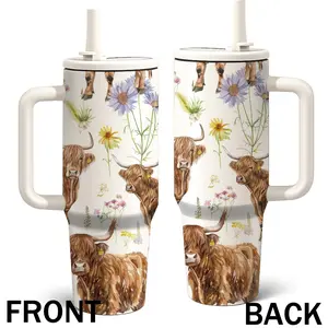 40 Oz Highland Cow Tumbler with Handle, Floral Aesthetic Cup, Insulated Travel Cup, Insulated Mug Hot 12H Cold 24H, Gift for Her, Tumbler with Lid