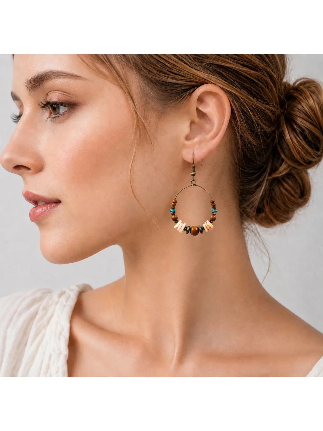 New Ethnic Bohemian Women's Gypsy Large Copper Wooden Bead Round Dangle Bohemian Earrings, Retro Style for Women. Perfect for Christmas, Halloween, summer, winter, Valentine's Day, New Year. Essential holiday gift for ladies, gentlemen, in white, red, gre