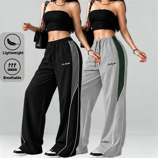 2-pack women’s lightweight loose summer sports pants—lightweight and soft; street dance pants, Y2K style. Women’s loose casual long pants in gray with side contrast stripes and white decorative stripes, comfortable design, sporty casual athletic bottoms