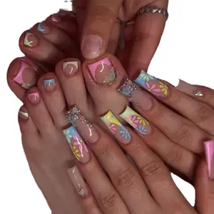 48pcs Macaron Color Square False Nails, Summer Nails, Press On Nail, Daisy Design with Rhinestones, Rhinestone Embellished, Glossy Reusable Nail Tips, Free Jelly Glue & File Included