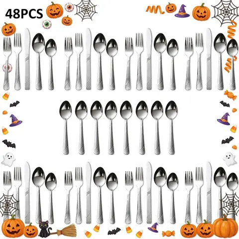 48pcs Stainless Steel Silver Cutlery Service Kit - Metal Utensils Set with 8 Bonus Teaspoons, Serving Utensils for 6-10 People, Dishwasher Safe Dinnerware for Comfortable Dining & Housewarming Needs