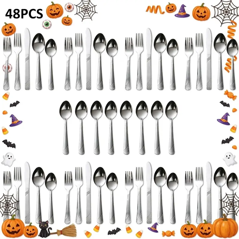 48pcs Stainless Steel Silver Cutlery Service Kit - Metal Utensils Set with 8 Bonus Teaspoons, Serving Utensils for 6-10 People, Dishwasher Safe Dinnerware for Comfortable Dining & Housewarming Needs