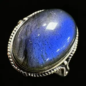 16×12mm Premium Labradorite Vintage Oxidized 925 Silver Open Band Spiritual Crystal Ring