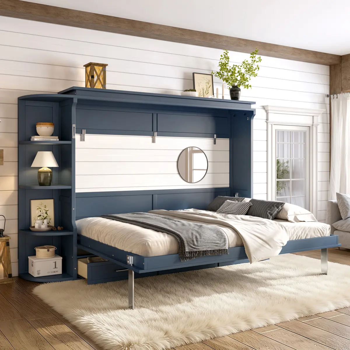 Aobtkel Queen/full  Murphy Bed with Storage Cabinets and 3 Drawers, Space Saving Wall Bed with Shelf, Fold Up Platform Bed, 650 lbs Capacity, Multifunctional Bedroom Furniture for Home Office, Guest Room, Studio Apartment and Small Space, Blue