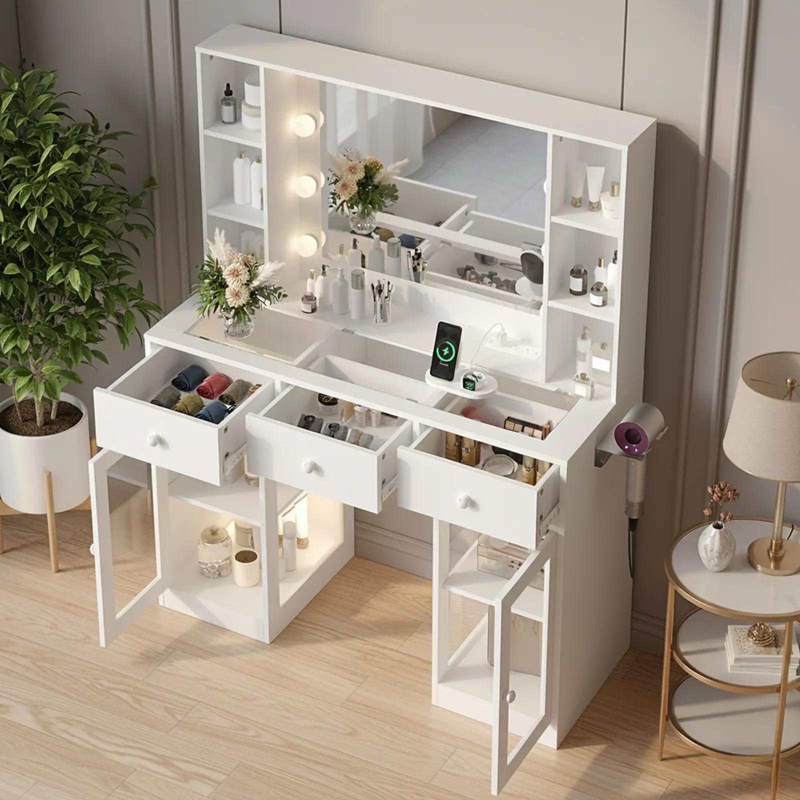 Ktaxon Vanity Table with RGB Lights & 3-Tone Dimmable Bulbs - Glass Top Dresser with 3 Drawers, 2 Glass Doors & 2 Side Shelves | Built-in Power Strip, Hair Dryer Holder Ktaxon Vanity Table with RGB Lights & 3-Tone Dimmable Bulbs - Glass Top Dresser with 3 Drawers, 2 Glass Doors & 2 Side Shelves | Built-in Power Strip, Hair Dryer Holder