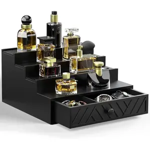 Cologne Organizer for Men, 4 Tier Perfume Organizer with Felt Lining Drawer and  Compartment,  Cologne Stand for Watch , Black Cologne Perfume Display Holder,  Gifts for Men