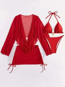 Women's Sexy Metal Chest Accessory Bikini Set, Four-Piece Separated Swimsuit, Stylish Beachwear for Women, Perfect for Summer, Swimsuit Style Bikini