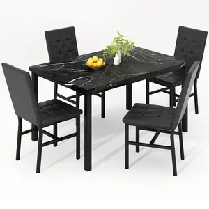Hooseng 5-Piece Dining Table Set for 4 | Faux Black Marble Top Table with 4 Tufted Upholstered Chairs & Black Metal Frame | Easy Assembly & All Tools Included | Compact Small Space Furniture for Kitchen, Living Room & Apartment Ergonomic