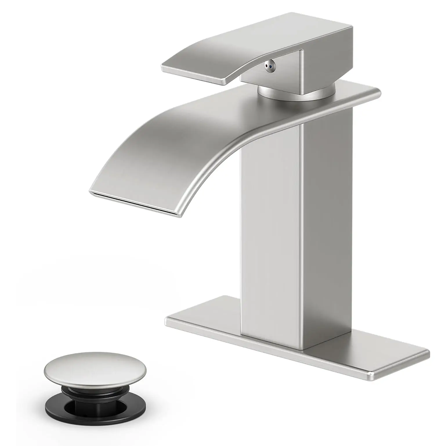 Bathroom Faucet Brushed Nickel Modern Waterfall Bathroom Sink Faucet with Single Handle Suitable for 1 or 3 Holes,Supply Deck Plate and Hose