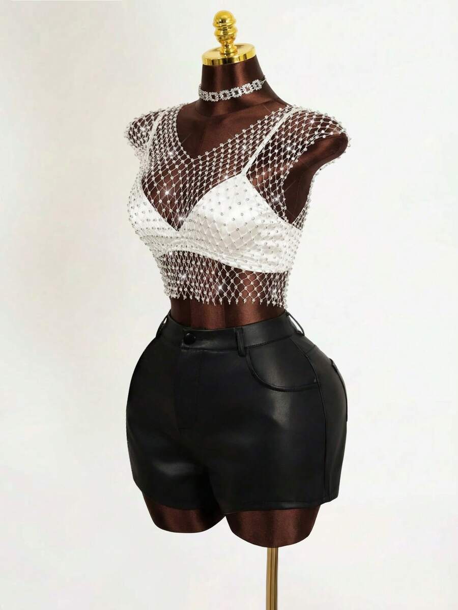 Mistrie Women's Rhinestone Fishnet Cropped Top,White Summer 70's Music Festival Party Disco,Elegant Shiny Mesh Sparkly See Through Silver Sequin Top