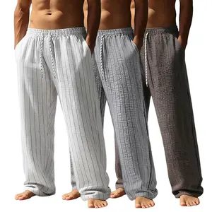 Men’s 3-Pack Lightweight Polyester Striped Drawstring Casual Trousers, Elastic Waist Loose Straight Long Pants, Old Money Style Menswear Clothes for Spring/Summer