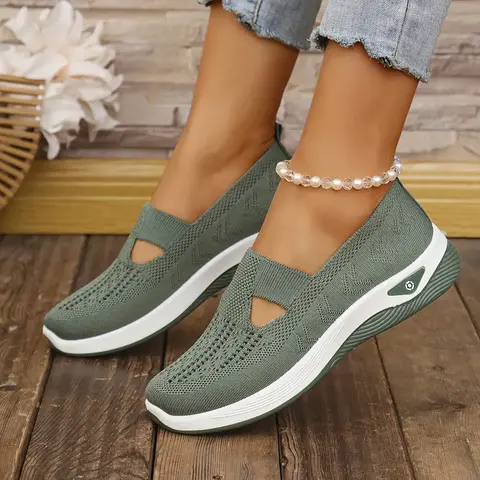 SERENE Women's Flat Slip-On Shoes - Double-Hole Hollow-Out Breathable Fabric, Round Toe, Ankle-High, Rubber Sole, All-Seasons Comfort for Casual Daily Walking