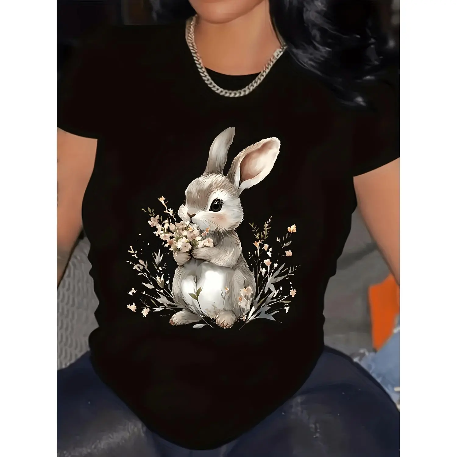 Cute Rabbit Print Plus Size TShirt Comfortable RoundNeck Top Made from Soft FabricSuitable for All Seasons