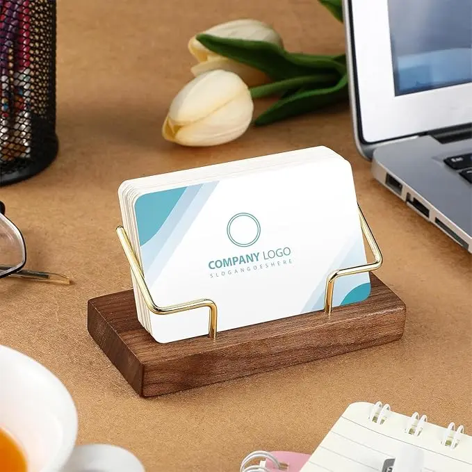 Custom Engraved Front Hand-Polished Wooden Business Card Holder Desk Case - High-Quality Wood & Brass, Secure Hold for 70+ Cards, Durable Home Organizer Storage Box, Over 70 Cards