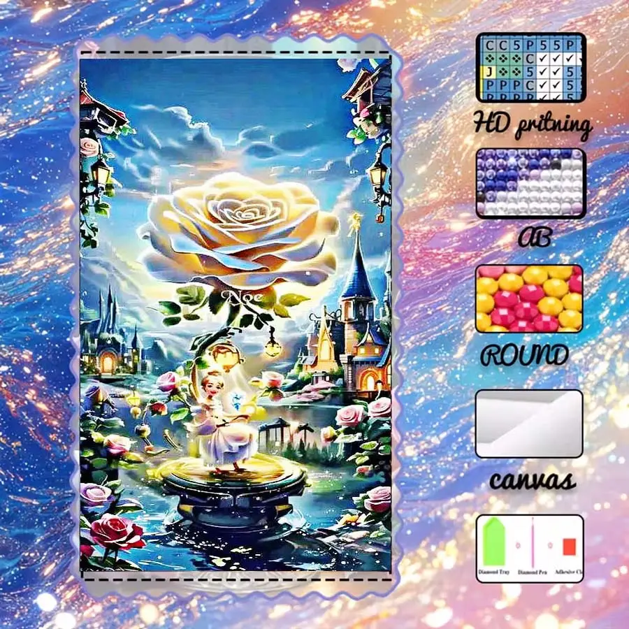 DIY 5D velvet, AB diamonds, fairy dust diamonds, crystal diamonds, dreamy rose castle diamond painting, diamond embroidery handmade kit, special process diamond art set, wall decoration, gifts for family, loved ones, and friends, Handcraft.