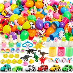 100 Pcs Prefilled Easter Eggs with Toys Plus Stickers, Filled with Toys Party Favors for Kids Boys Girls Easter Eggs Hunt, Basket Stuffers Fillers, Classroom Prize Supplies