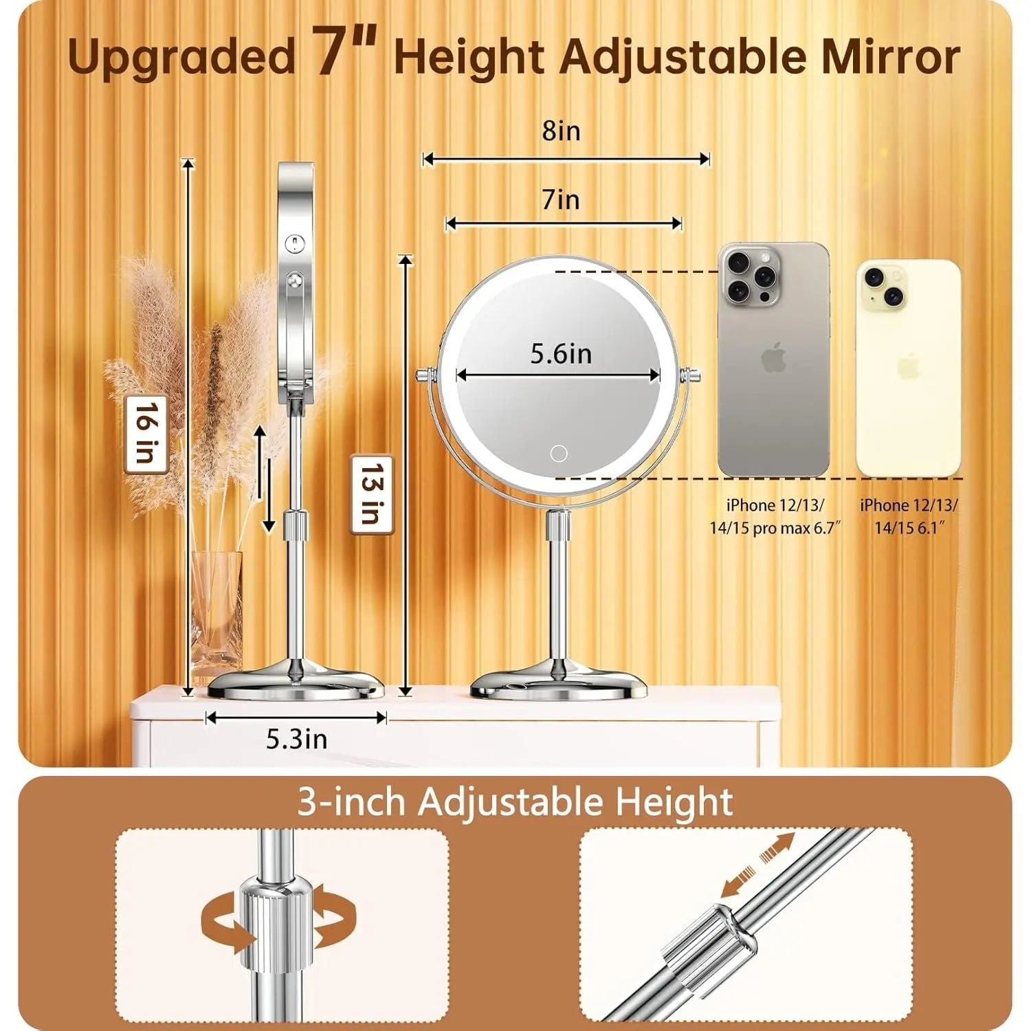 Gospire 7" Round Stainless Steel Lighted Makeup Mirror, 10X/1X Magnification, Height-Adjustable, 3 Color Dimmable LED Lights, 360° Swivel Double-Sided, Rechargeable Cordless Vanity Standing Mirror