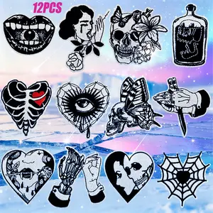 12Pcs Gothic Black Iron On Patches, Skull Spider Web Embroidered Appliques for Punk Clothing Backpacks DIY Decoration