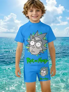 Trendy Cartoon Kids Swimming Set, Rick Big Head Print Beach Vacation Quick Dry Swimwear