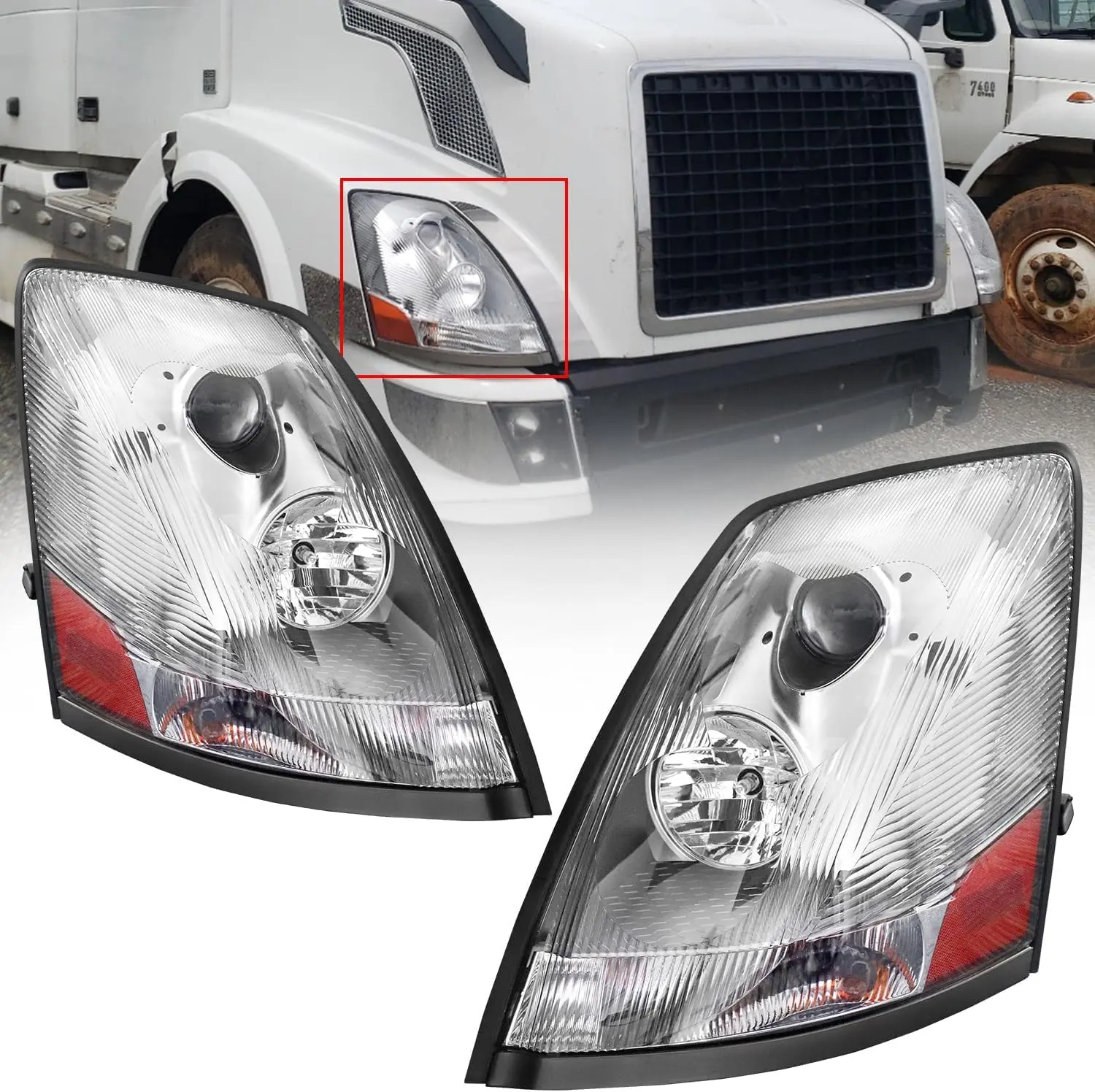 Chrome Halogen Headlight Assembly for 2004-2018 Volvo VNL VNM 2004-2015 Volvo VN Semi Truck Lamps Replacement with Bulbs