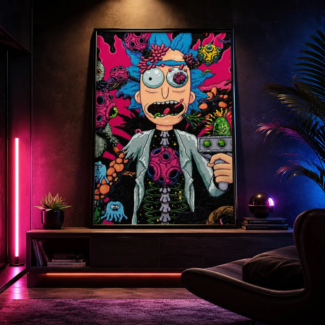 Black framed psychedelic mad scientist canvas, trippy alien monster cartoon art vibrant neon pink wall poster. Bold sci-fi animation decor for game room, man cave and dorm, ideal gift for adult cartoon and psychedelic art fans.