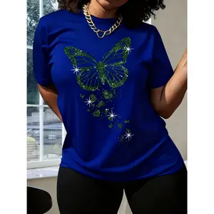 100% cotton, available in multiple colors, Women's Vintage Glowing Gold Butterfly and Heart Print Casual T-Shirt - Vibrant Yellow Street Fashion, Round Neck Short Sleeve, Machine Washable Spring Summer Top, Non-Transparent Fabric