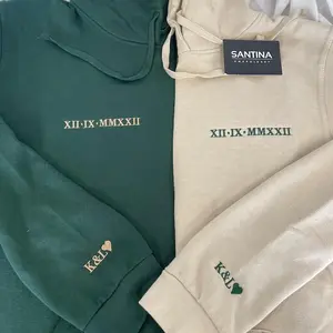 Embroidered Roman Numeral Matching Hoodie, Custom Anniversary Date Couple Hoodies, Custom Initials With Heart Sleeve Jumper, Boyfriend Gift, MSG me for custom