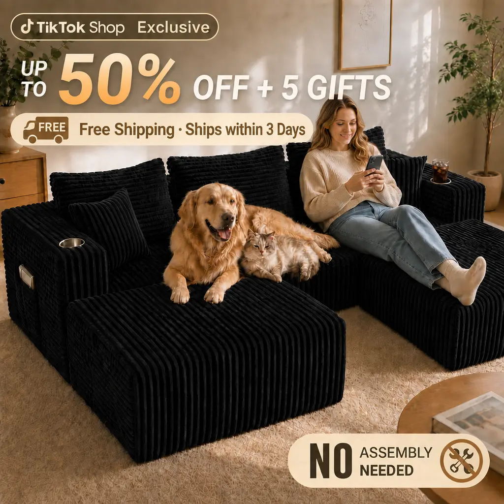 Ships in 2 Boxes | Plush Corduroy Modular Boneless Sofa, Available in 104" & 70", Extra Deep Seat, No Assembly Needed, Armrests with Cup Holders & Side Storage Pockets