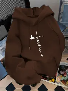 Women's Fashion Hoodie Butterfly & Cross Pattern Letter Print Kangaroo Pocket Sweatshirt, Long Sleeve Casual Fall Winter Wear
