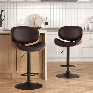 Bar Stools Set of 2 for Kitchen Counter, Adjustable Bentwood Barstools, Modern PU Leather Upholstered Bar Chair with Back and Footrest, for Bar, Kitchen, Dining Room