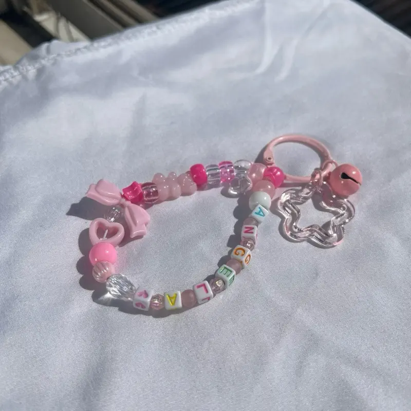 Custom Coquette Beaded Name Keychain with Pink Beads and Heart Charm for Personalized Gifts