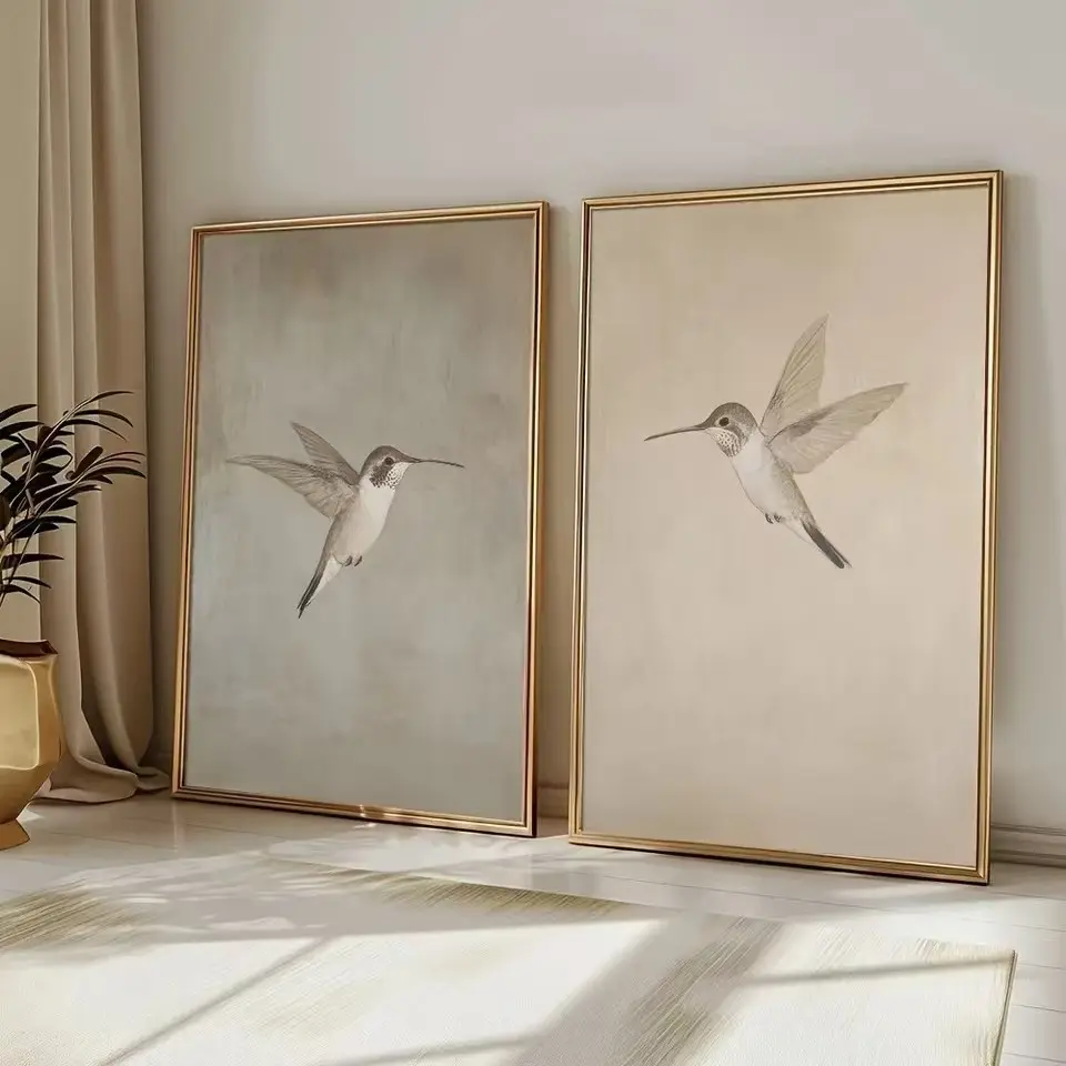 2pcs Vintage Hummingbird Canvas Poster Print Oil Painting Living Room Bedroom Frameless Hanging Painting Simple Bird Farmhouse Home Wall Art Decoration Rural Mural Painting