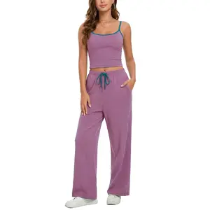 FAIABLE 2 Piece Sets for Women Striped Cami Wide Leg Pants Y2K Lounge Set Vacation Summer Beach Casual Outfits