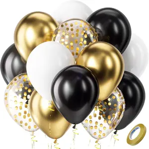 40pcs Black and Golden Metallic Latex Confetti Balloons 10/ 12 Inch Black White and Golden Party Balloons Set with Golden Ribbon for Birthday, Wedding, Golden Theme Party Graduation Decorations Balloon Party Supplies