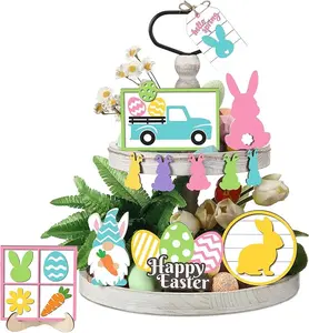 Easter Tiered Tray Decor Set(No Tray),  15/12 Pcs Wooden Signs with Bunny Eggs Gnome Jesus Carrot He is Risen Designed, Rustic Farmhouse Spring Tabletop Decor for Christian, Gnome Lover Gift, Home Kitchen Living Room Shelf Decor, Valentines Decor Gift