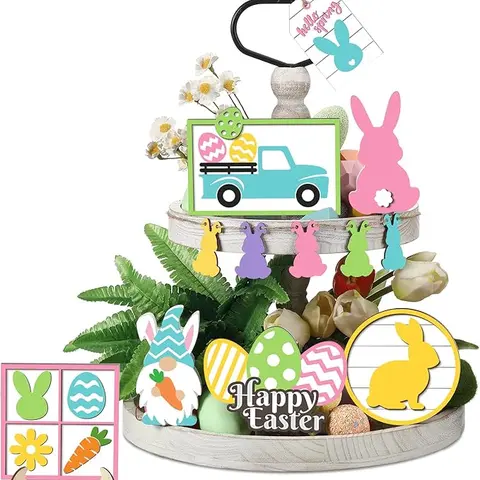 Easter Tiered Tray Decor Wooden Signs Set (No Tray), Rustic Bunny Egg Carrot Jesus Cross Risen Ornaments Cute Durable Layered Tray Signs for Mantel Shelf Table Kitchen Display, Spring Home Easter Decor Christian Family Religious Party Gifts, Date Suppiles