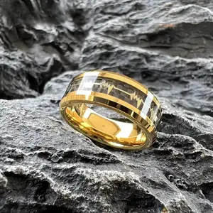 Stainless Steel Heartbeat Design Ring with Carbon Fiber - New Fashion Wedding Promise Ring for Parties