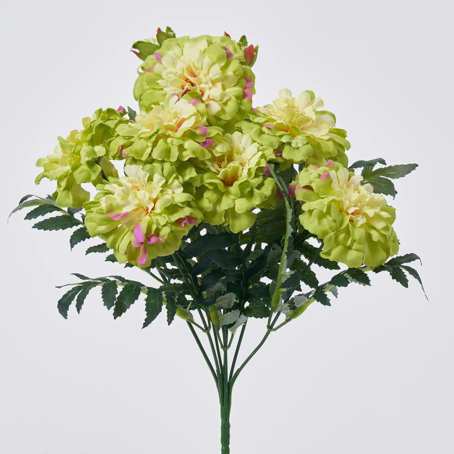 Decorative Green Silk Marigold Flowers Faux Bush Stem Bouquet with Leaf, 12" Tall Floral Decor, Bouquet Artificial Flowers, Marigold Stems