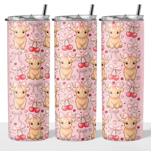 Cherry Highland Cow 20oz Steel Insulated Tumbler with Clear Lid and Reusable Straw - Flasks, Drinkware