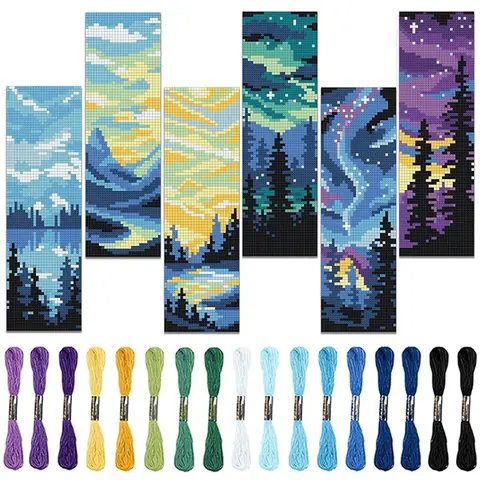 6pcs set Blue Landscape Cross Stitch Bookmark Kit, Aurora Sunset Pattern, Cross Stitch Designs, Includes Cross Stitch Fabrics, Embroidery Floss, Tools, Ideal Gift for Sewing Enthusiasts, Handmade Gifts