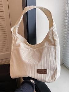 trendy solid color letter patched large capacity tote bag, minimalist magnetic closure corduroy shoulder bag, women's dumpling bag for daily used