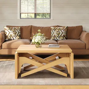 2-in-1 Expandable Natural Rubber Wood Transformer Coffee Table, Height Adjustable Rectangle Multifunctional Dining Table 160LBS Load Space Saving Modern Home Table Easy Assembly