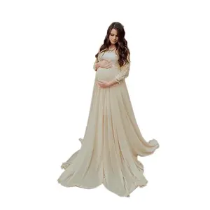 LaceMaternityMaxiGownsDressesforPhotoShootLongSleeveChiffonPregnantWomenBabyShowerPregnancyDressPhotography