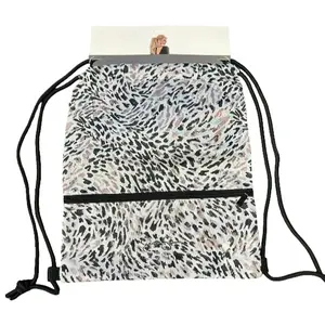 Drawstring Cinch Backpack Black & White Cheetah Print Lightweight Nylon Adaptive Gym Travel and Everyday Bag for Youth