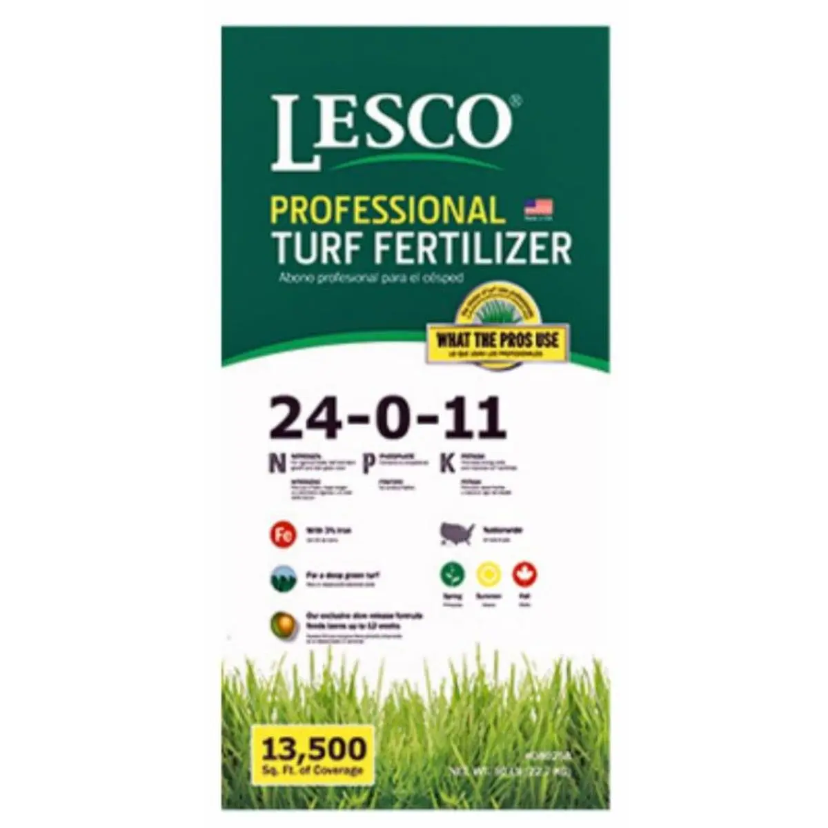 LESCO Professional Garden Slow-Release Turf Fertilizer - 24-0-11 NPK Ratio, 3% Iron, 30% Polycoated Sulfur-Coated Urea, Covers 13500 sq ft, for Outdoor Lawn Care, Home Improvement Supplies