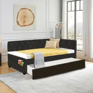 BLACK UPHOLSTERED TWIN SIZE DAYBED BED FRAME (CORNER BED) WITH TRUNDLE, VELVET FABRIC, STUDDING DESIGN, NO BOX SPRING REQUIRED, FITS ANY STYLE! Storage Home Decor Durable Easy Assembly Modern