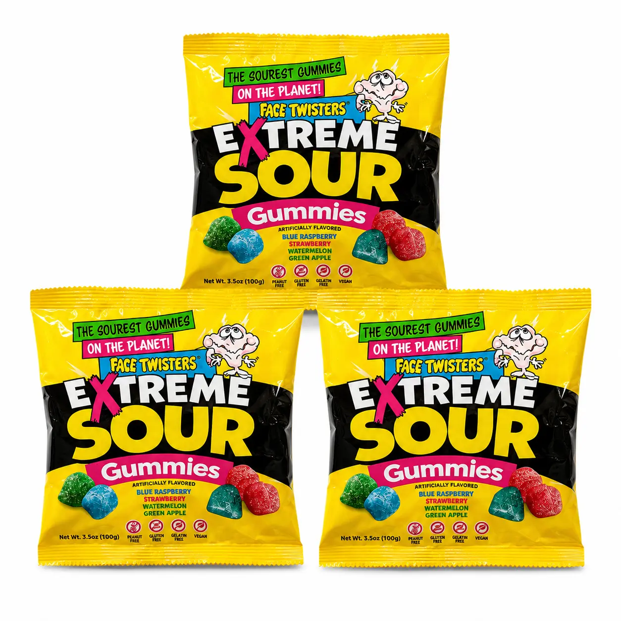 Face Twister Extreme Sour Gummies 3.5oz (3 Pack)  - World's Sourest Gummies - Blue Raspberry, Strawberry & Green Apple Flavors - Product of Turkey