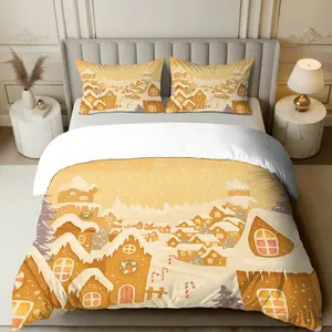 3PCS Duvet Cover Set, 1 Duvet+2 Pillowcases(Without filler), Gingerbread Snow Village Winter Cozy Christmas theme, Christmas bedding set, Warm Decorative Suitable for bedroom living room guest room hotel.