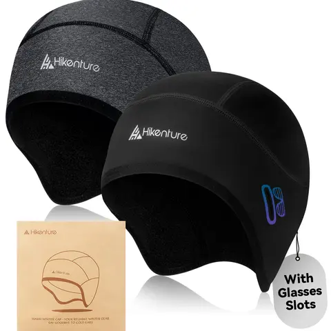 Hikenture Unisex Sport Skull Cap - Polyester Blend Work Safety Helmet Liner, Warmth Boost Outdoors Headgear with Cold-Wind Proof Pile Thickening, Improved Glasses Holes, Ergonomic Ear Flaps